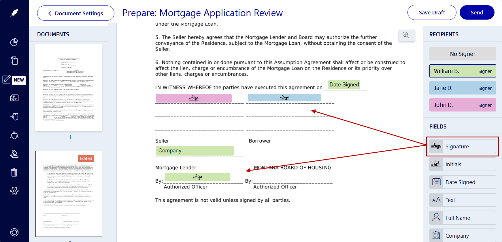 Adding signature and form fields with Xodo Sign on a mortgage application.