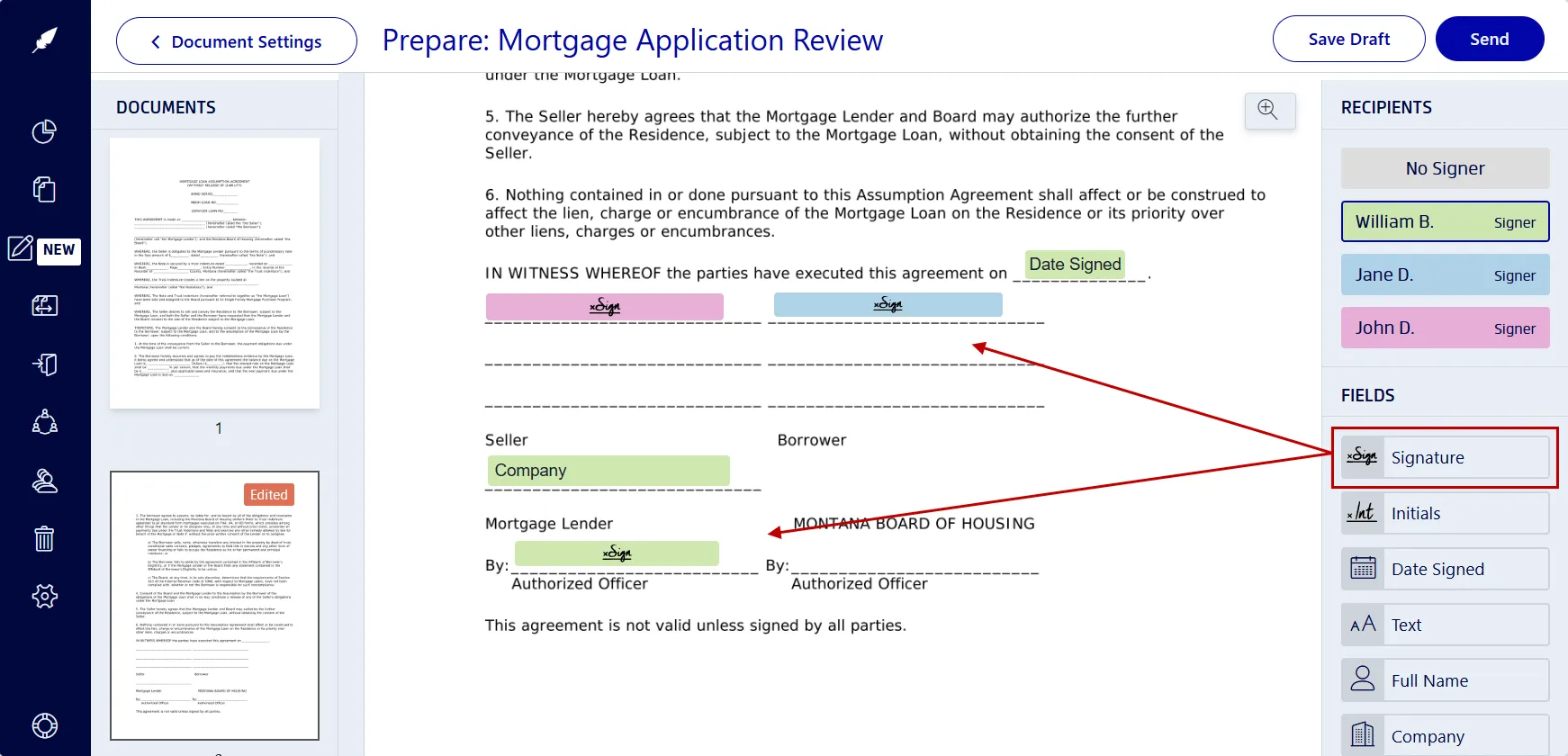 Adding signature and form fields with Xodo Sign on a mortgage application.