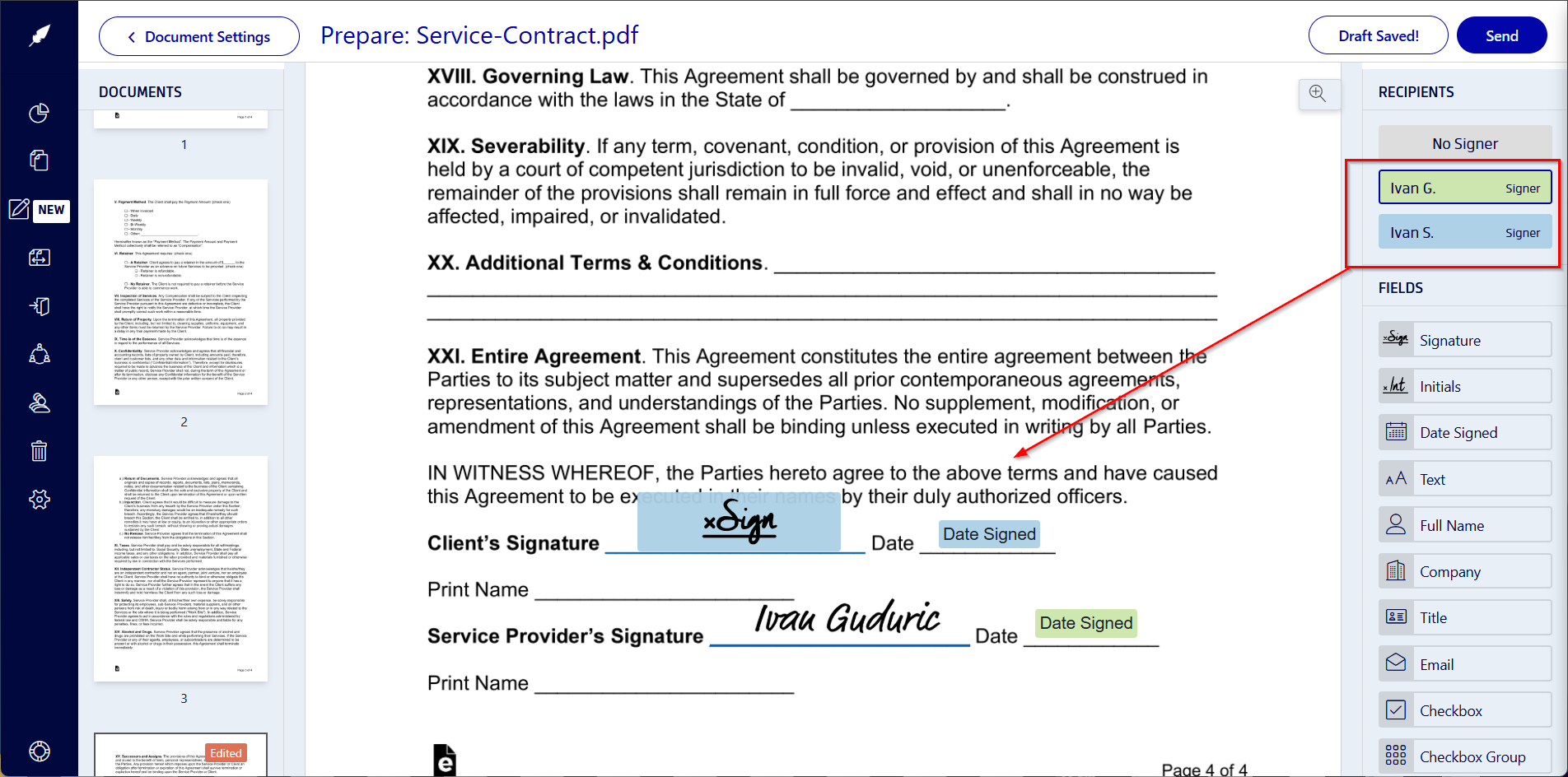 Adding required signature fields to PDF before sending it out for signatures using Xodo Sign