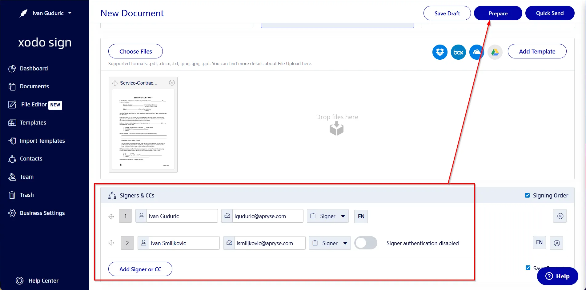Preparing a document for e-signing with Xodo Sign on Mac