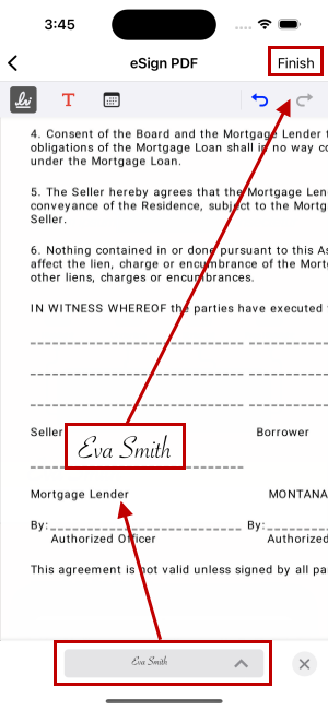 Steps to sign a PDF document on ios using the eSign PDF tool inside the Xodo app