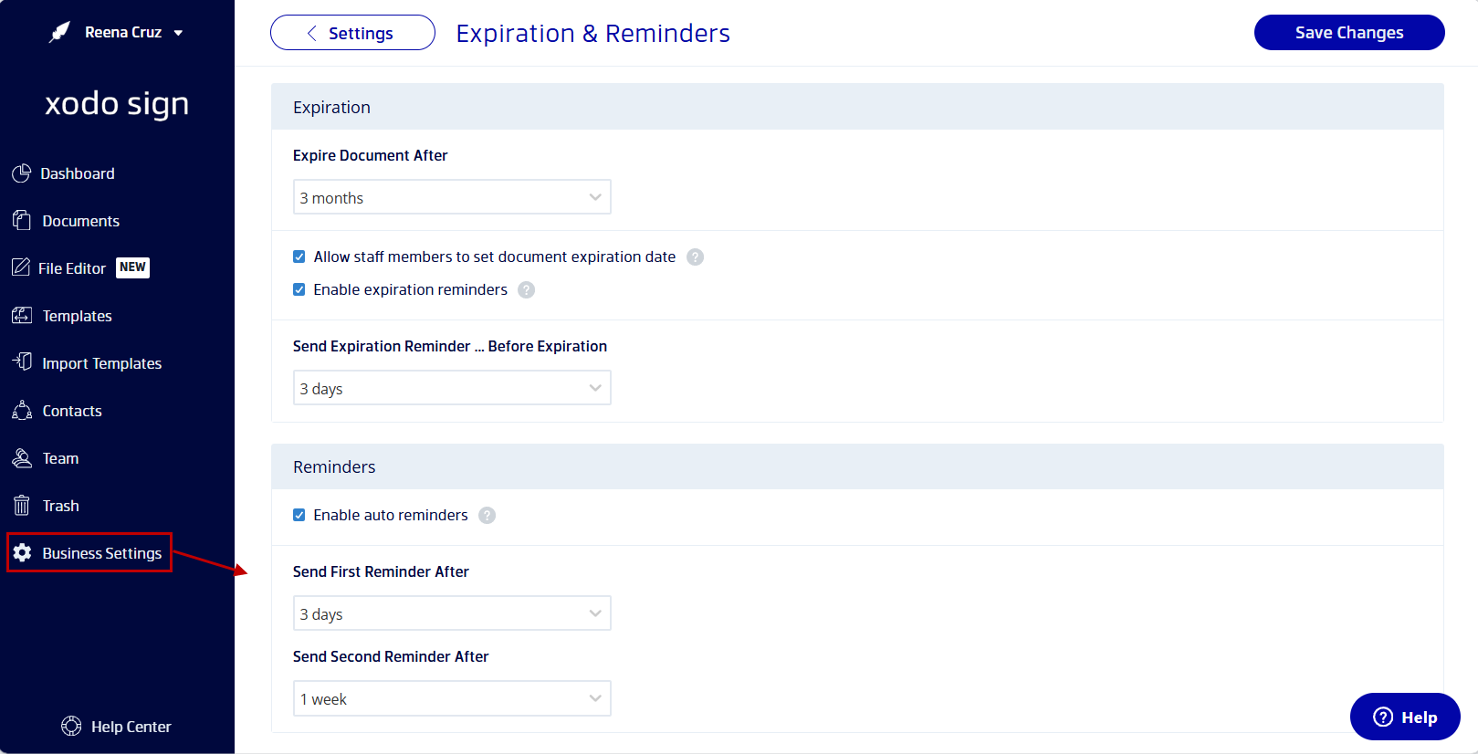 Steps for customizing auto-reminder settings in Xodo Sign