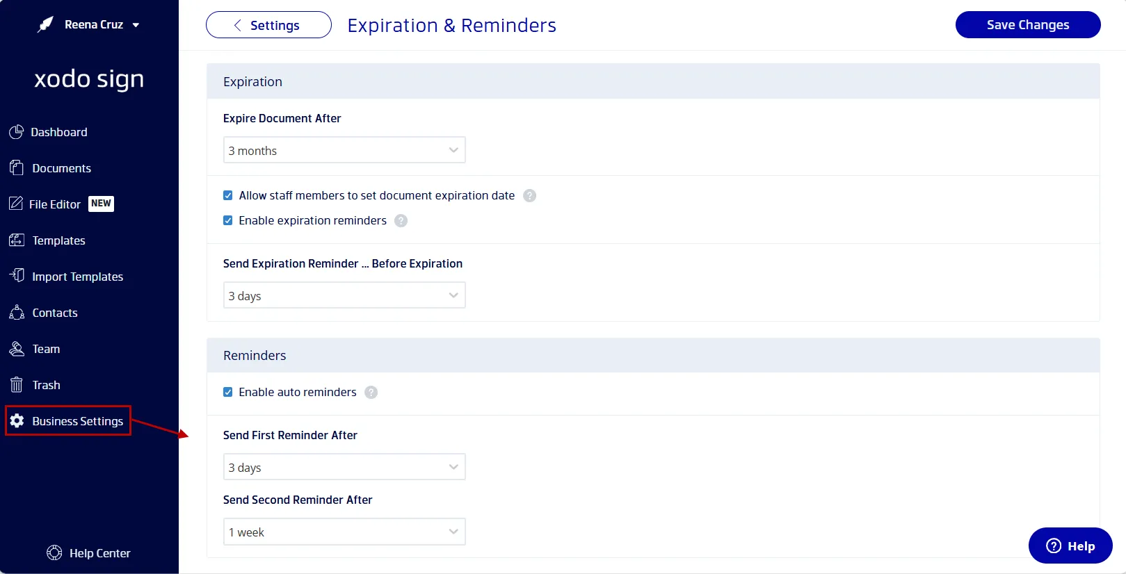 Steps for customizing auto-reminder settings in Xodo Sign