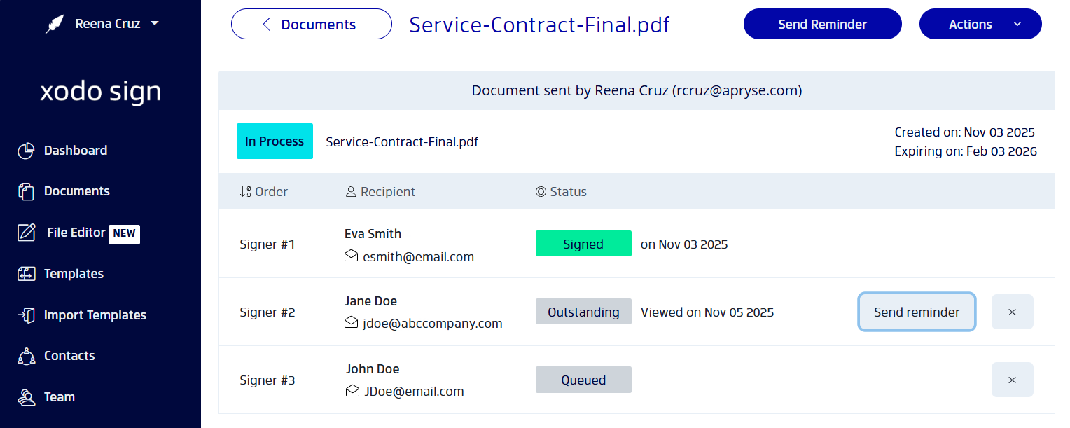 Steps for sending a reminder to sign a document for specific signers