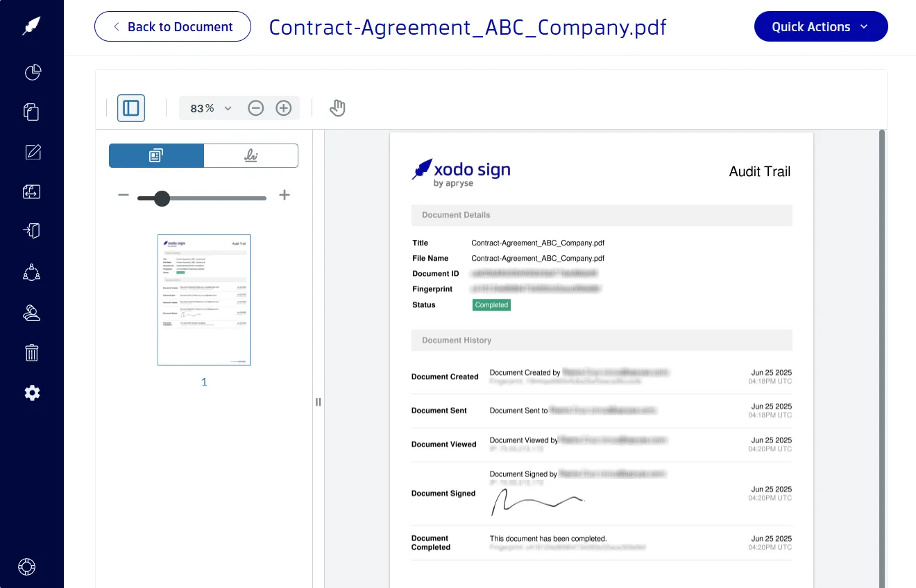 Viewing comprehensive tamper-proof audit trail of a signed document in Xodo Sign