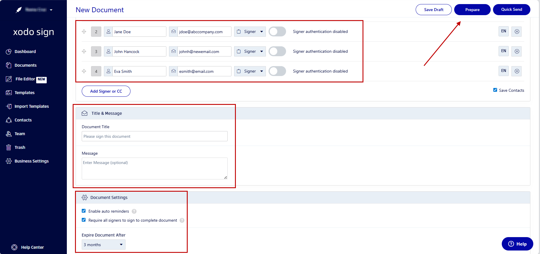 Steps to request signatures on a deed of trust or promissory note in Xodo Sign