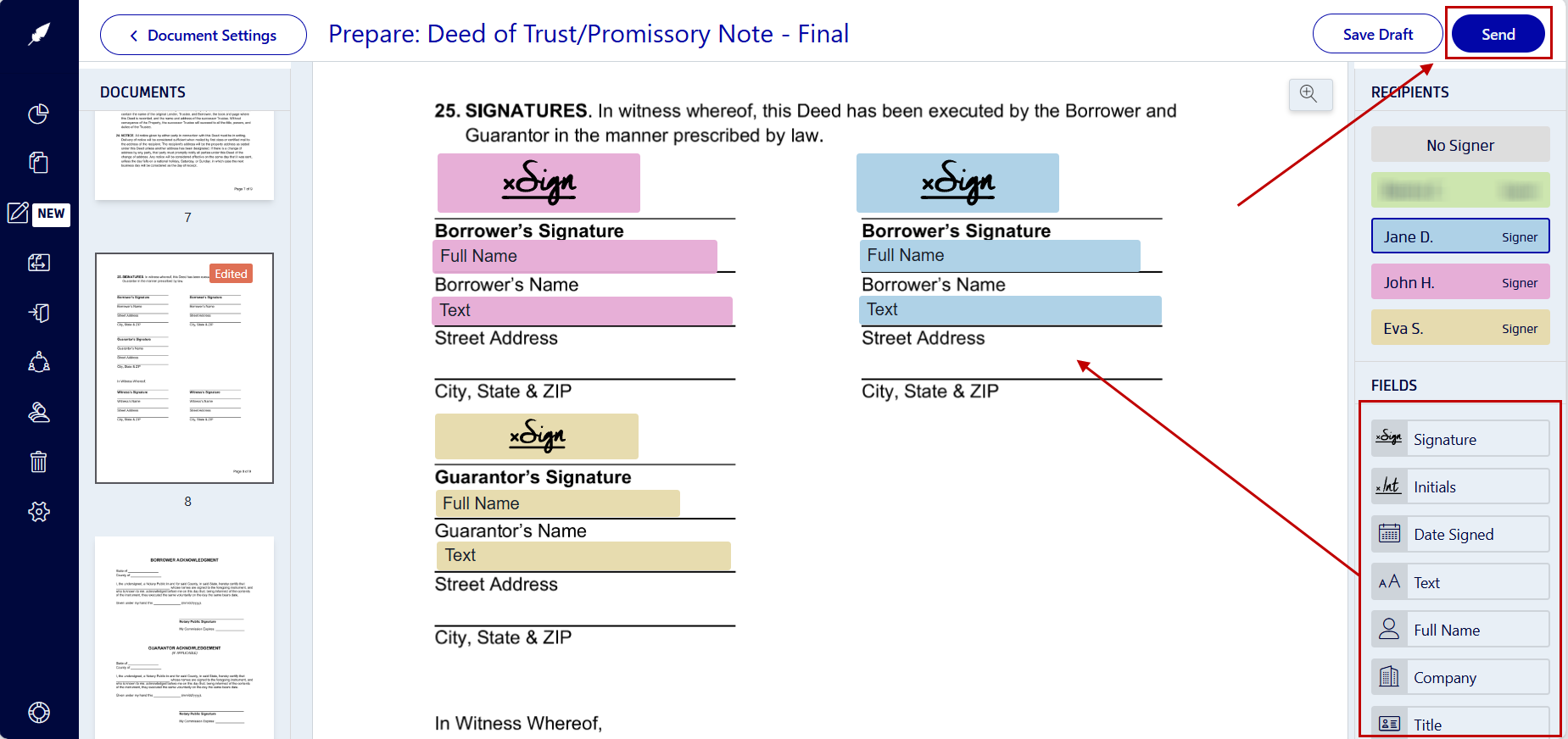 Adding signing fields to a deed of trust and promissory note with Xodo Sign