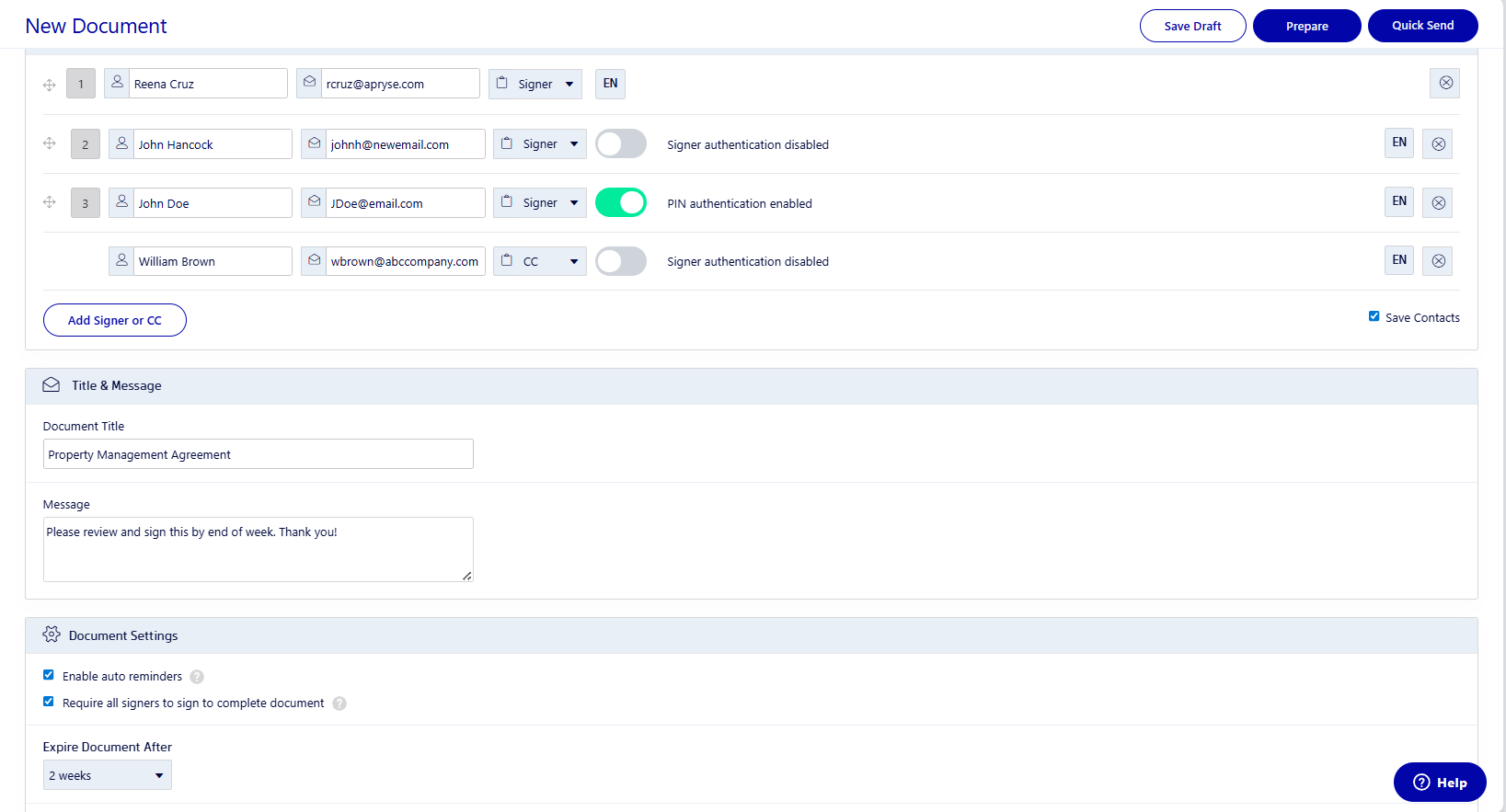Steps to request electronic signatures for a property management agreement in Xodo Sign