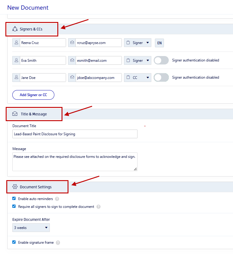 Steps to request signatures on a lead-based paint disclosure in Xodo Sign