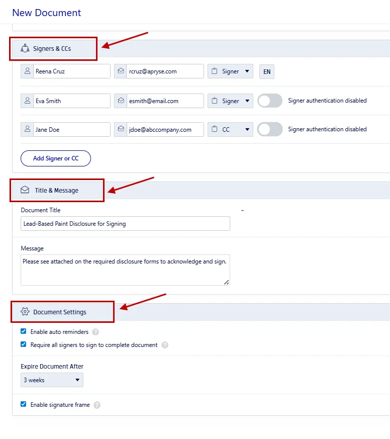 Steps to request signatures on a lead-based paint disclosure in Xodo Sign