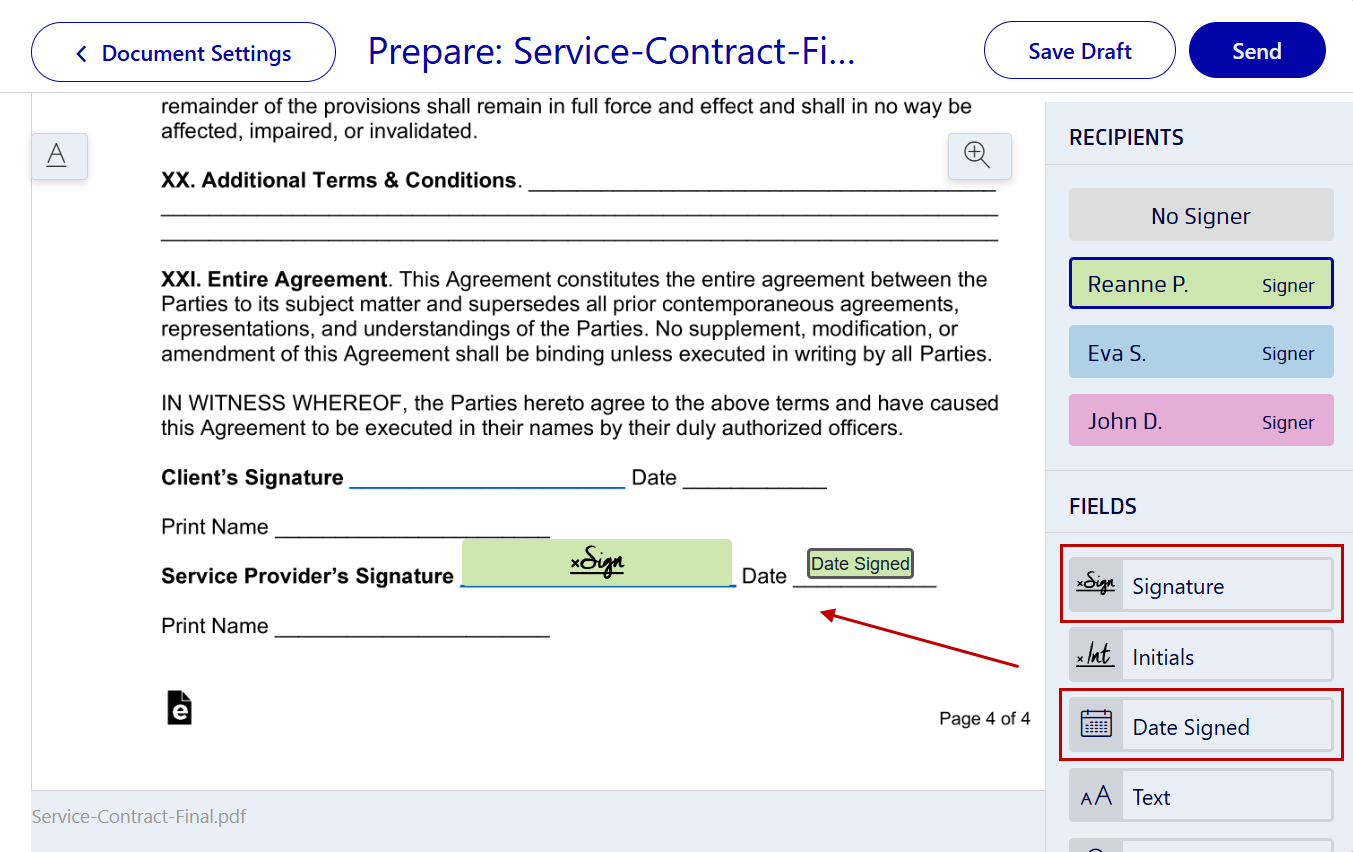 Insert signature and date fields with Xodo Sign