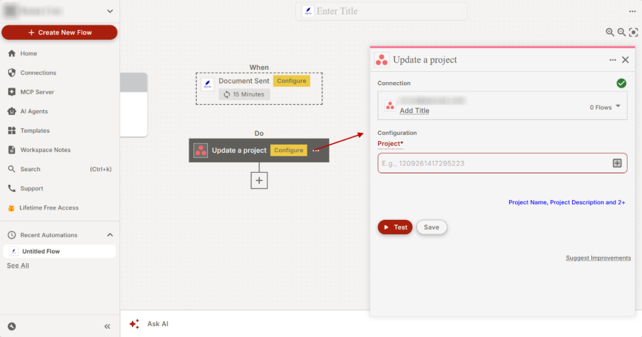 Setting up action for Xodo Sign and viaSocket integration workflow.