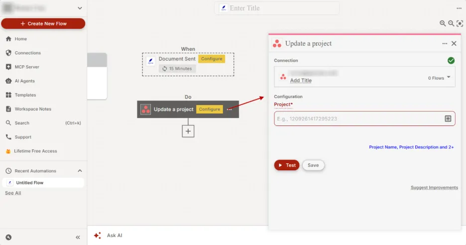 Setting up action for Xodo Sign and viaSocket integration workflow.