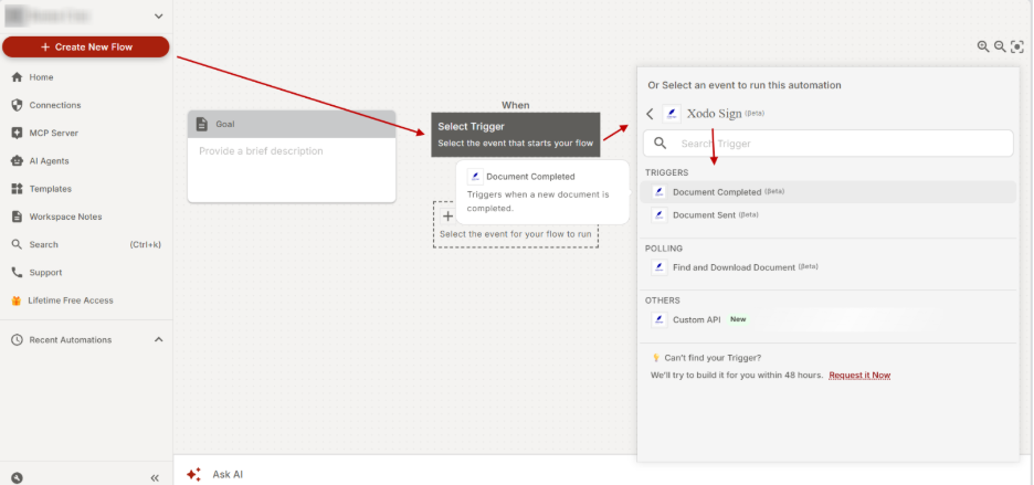 Choosing automated workflow triggers for Xodo Sign and viaSocket integration