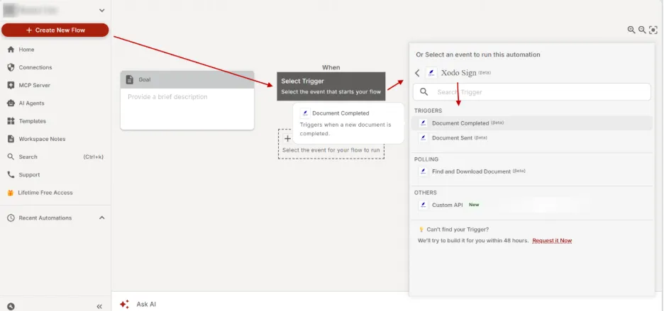Choosing automated workflow triggers for Xodo Sign and viaSocket integration