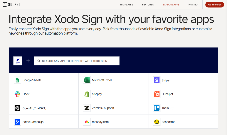 Selecting Xodo Sign integration apps with viaSocket