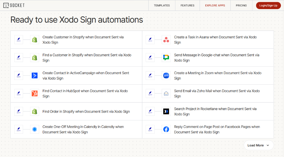 Selecting ready-to-use automations for Xodo Sign and viaSocket