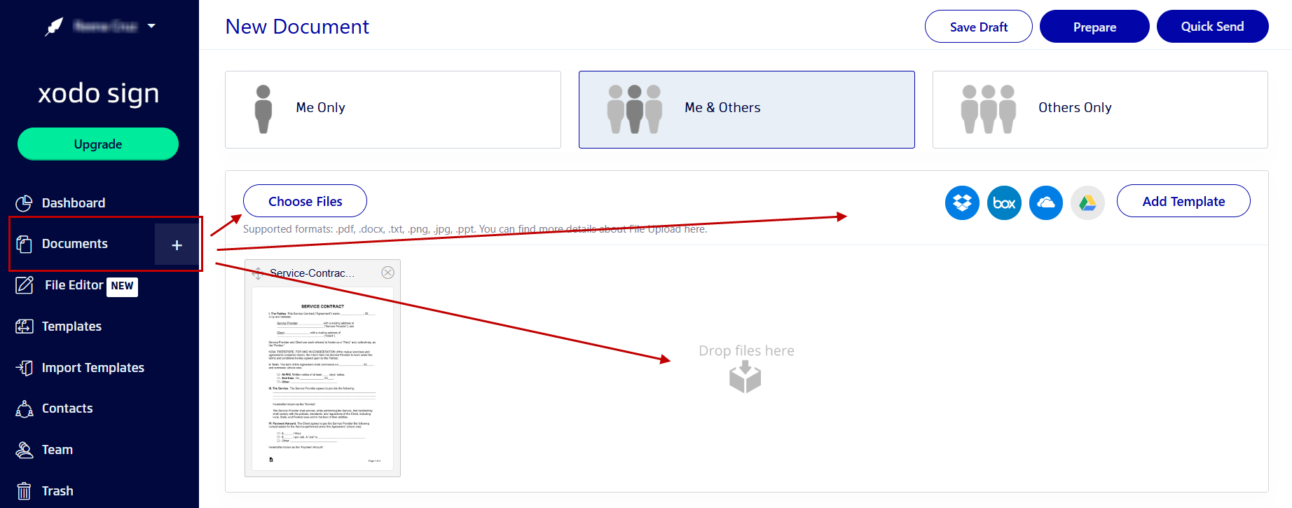 Uploading document to Xodo Sign for signatures