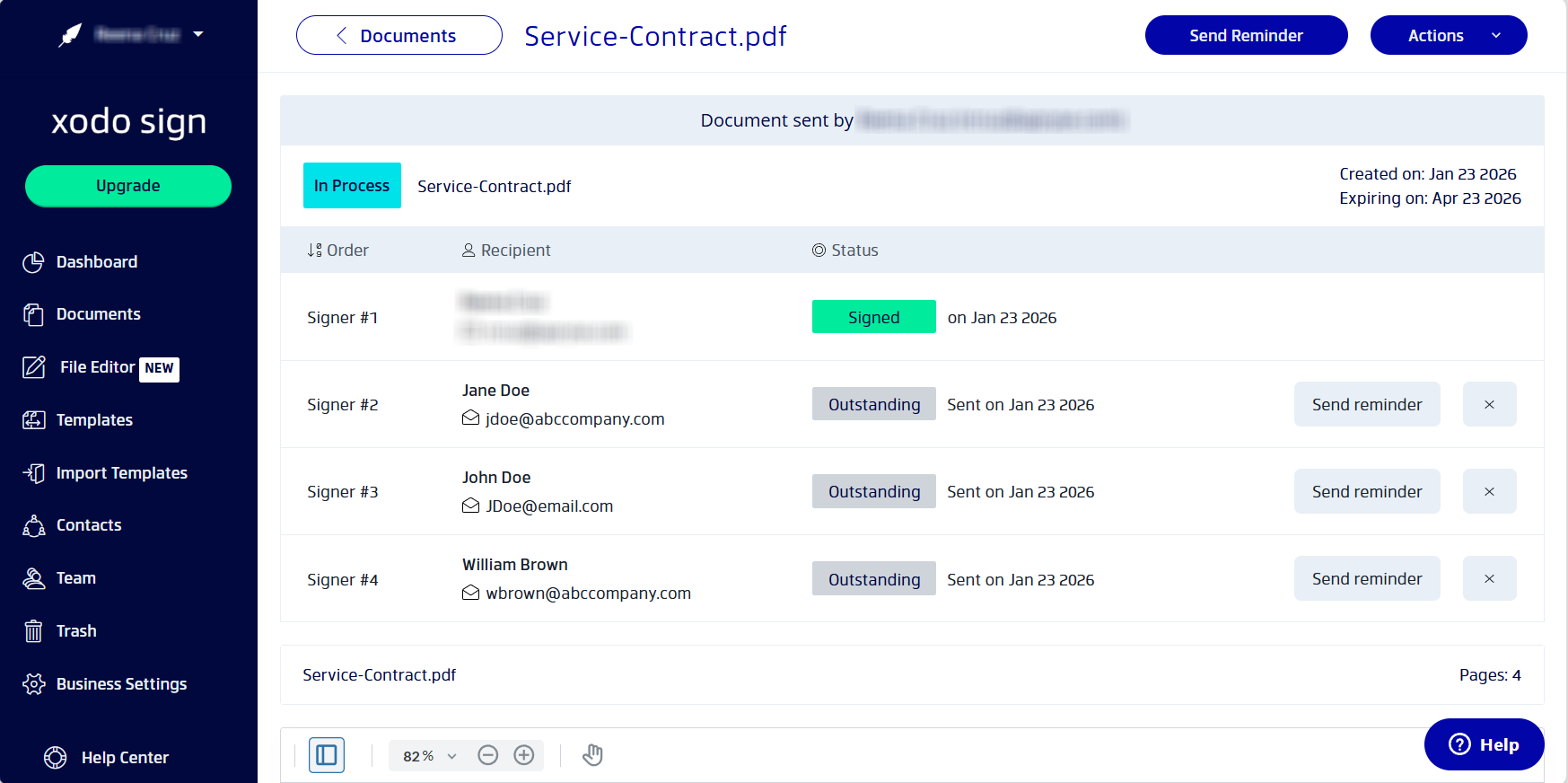 Tracking and managing documents in the Xodo Sign dashboard