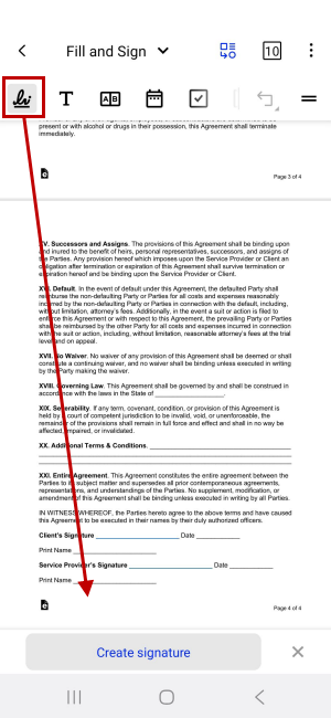 Using the Fill and Sign tool inside the Xodo app