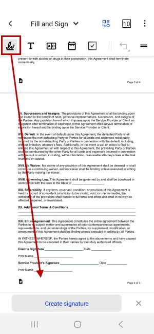 Using the Fill and Sign tool inside the Xodo app