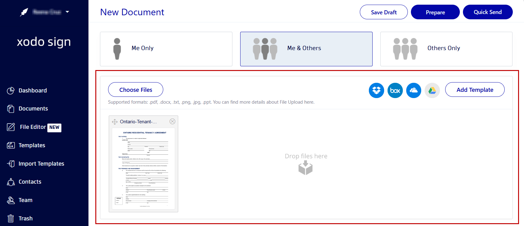 Uploading a document to Xodo Sign for signing