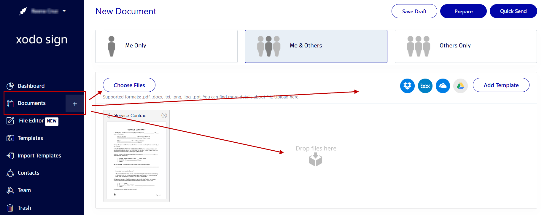Uploading document to Xodo Sign for signatures