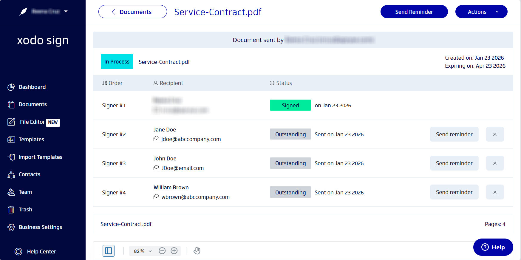 Tracking and managing documents in the Xodo Sign dashboard