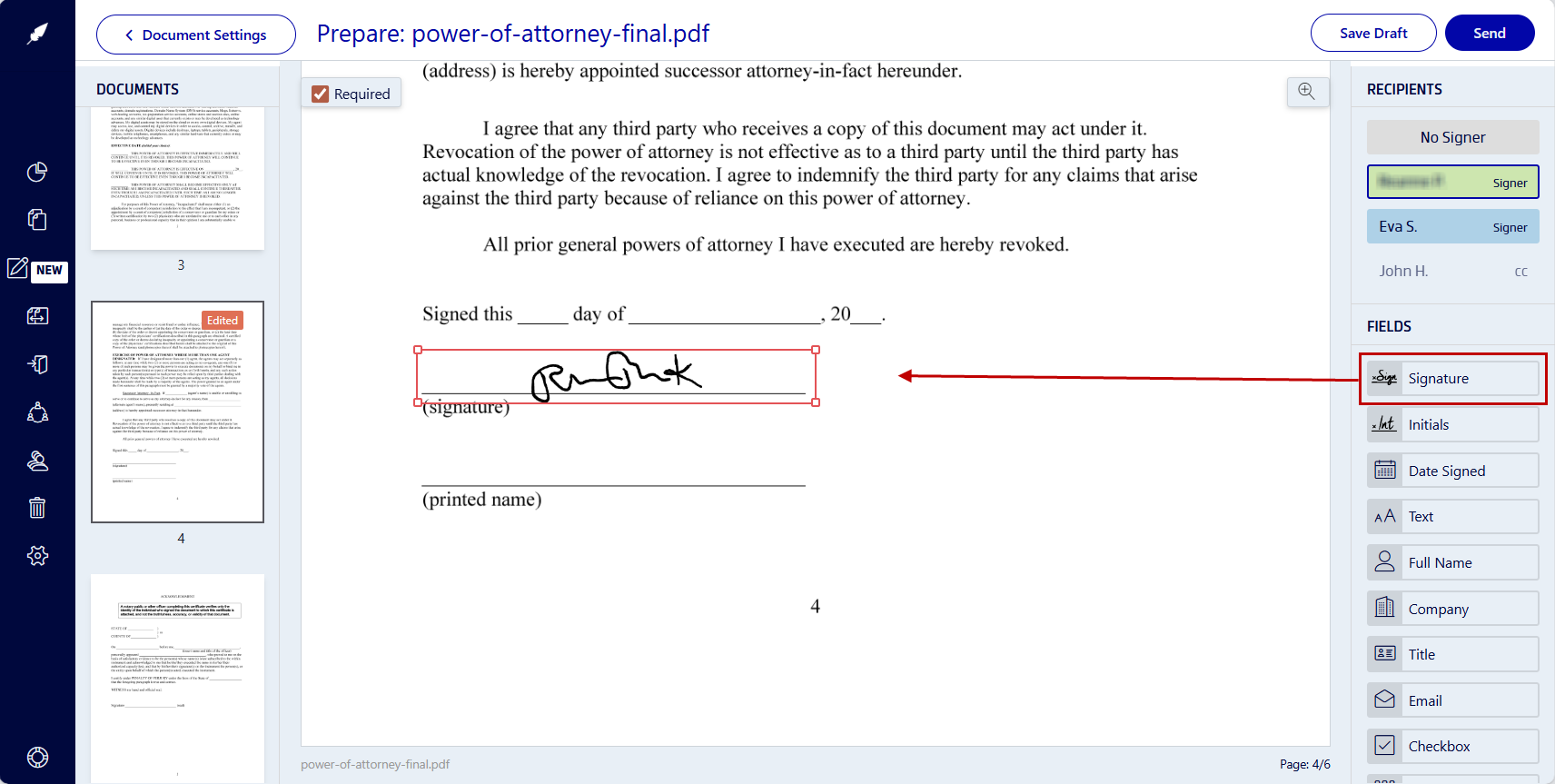 Drag and drop signature fields onto a power of attorney form