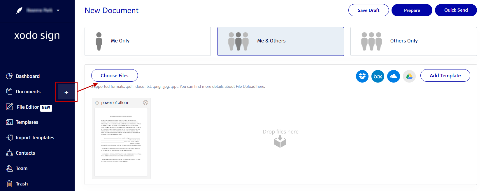 Uploading a power of attorney document into Xodo Sign