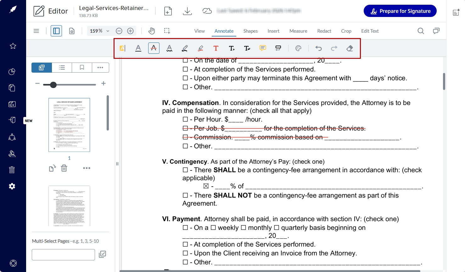 Editing legal retainer agreement text in Xodo Sign online 