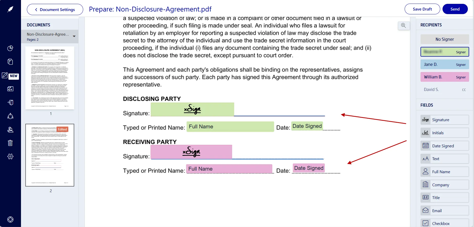 Adding signature fields onto an NDA in the Xodo Sign document editor