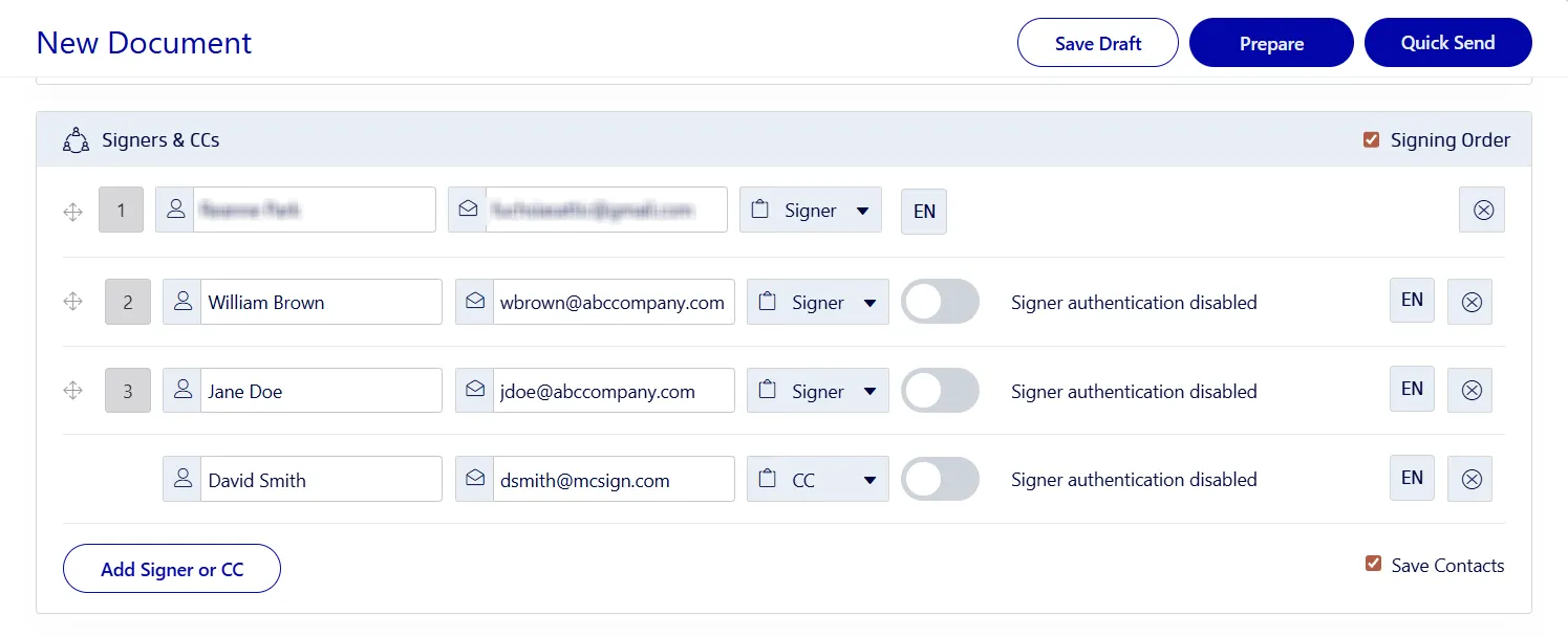 Adding signers and setting the signing order for multiple parties