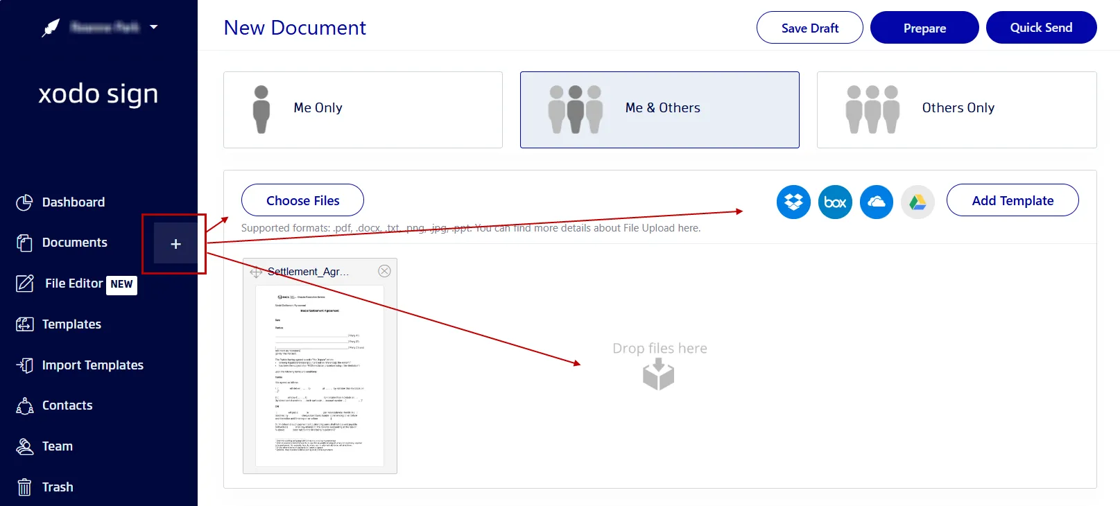 Uploading a settlement agreement in Xodo Sign