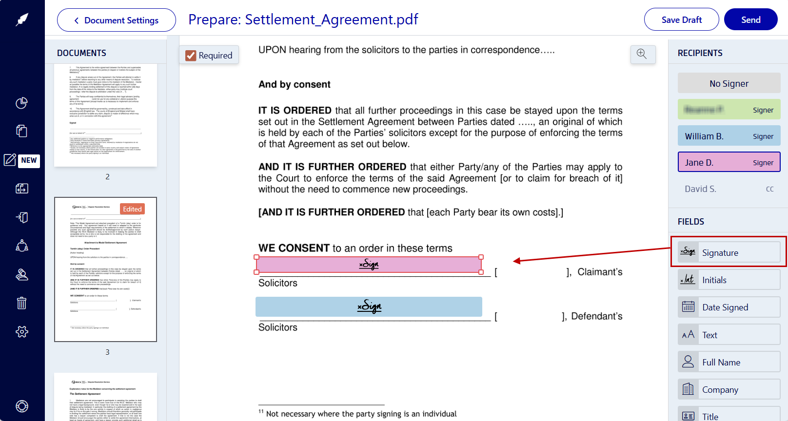 Adding signature fields onto a settlement agreement in Xodo Sign