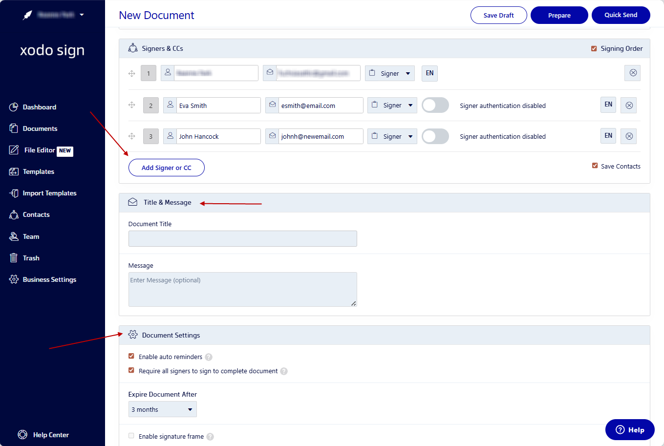 Adding signers and roles to an engagement letter document in Xodo Sign