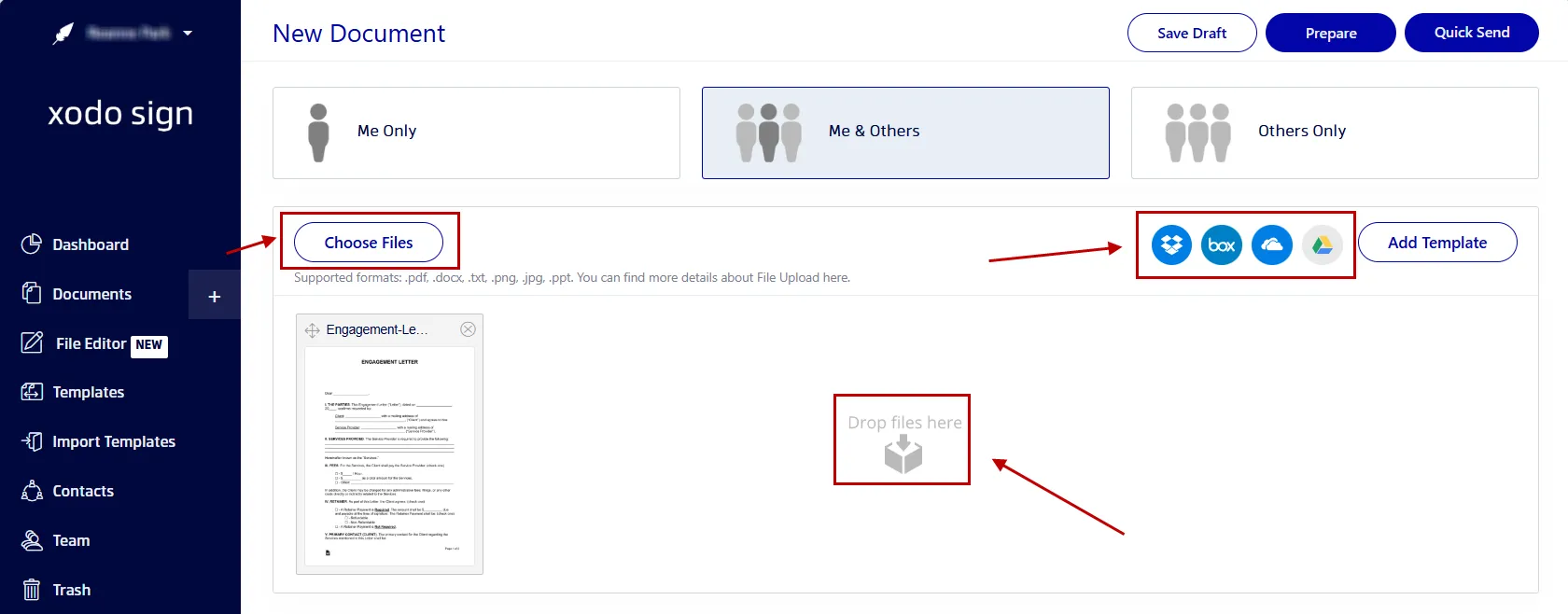 Process of uploading a client engagement letter to Xodo Sign