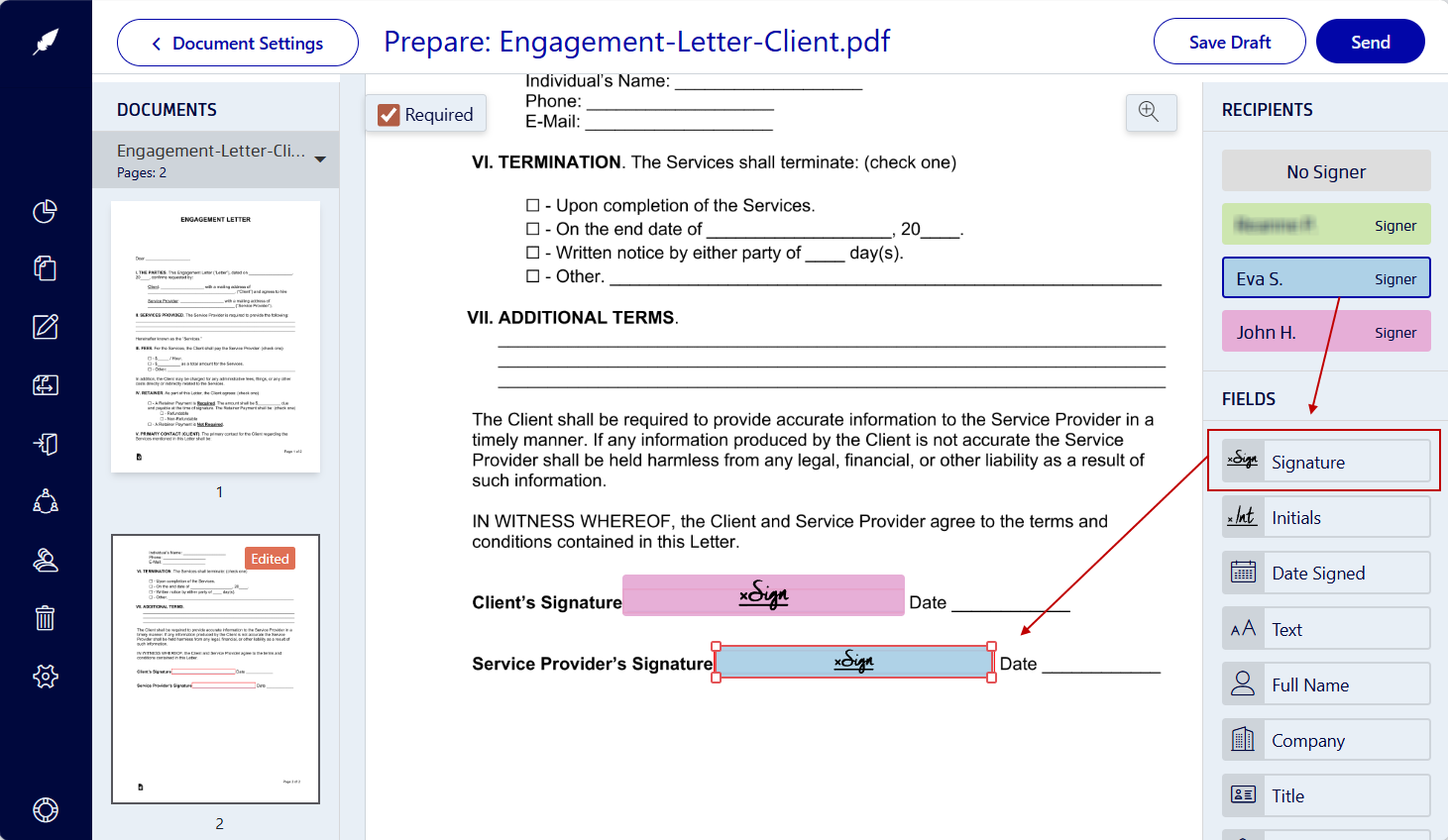 Use Xodo Sign to insert signature fields into a PDF client intake letter