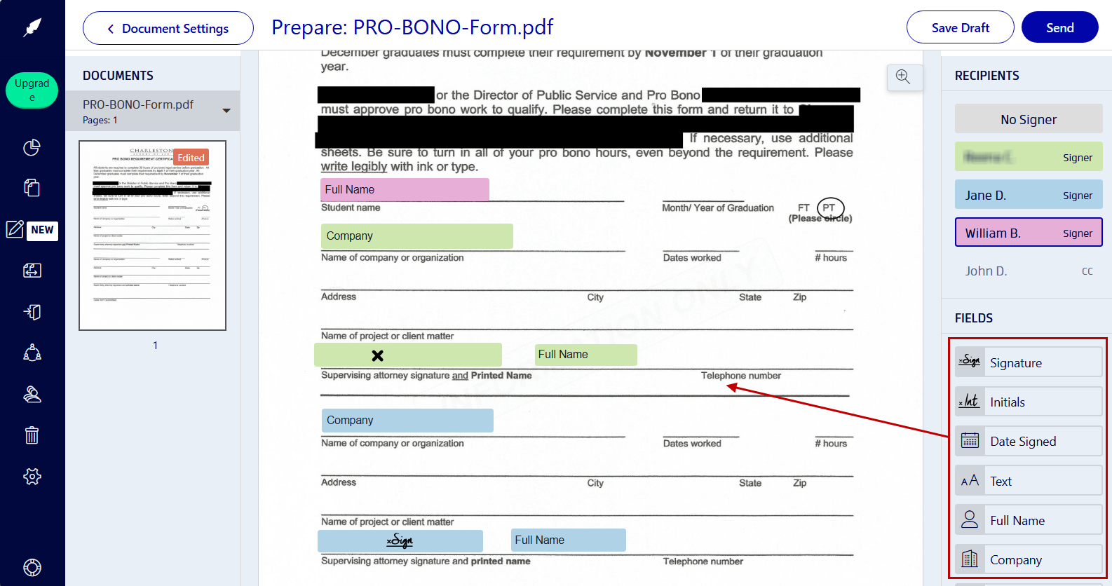 Preparing a document for signing in Xodo Sign platform