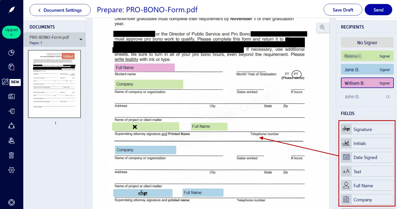 Preparing a document for signing in Xodo Sign platform
