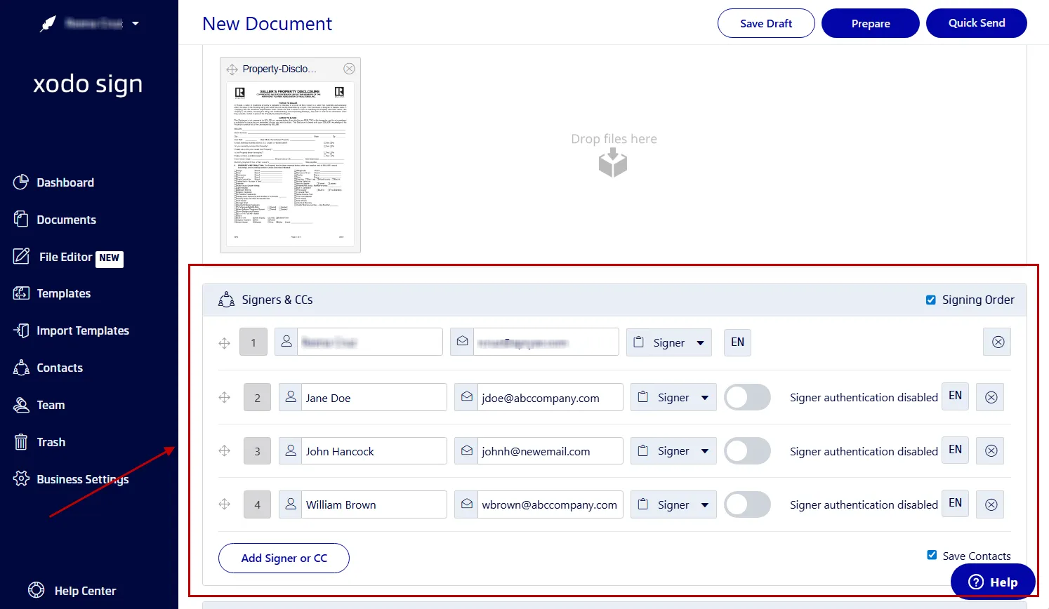Adding signers to a PDF document for signatures in Xodo Sign