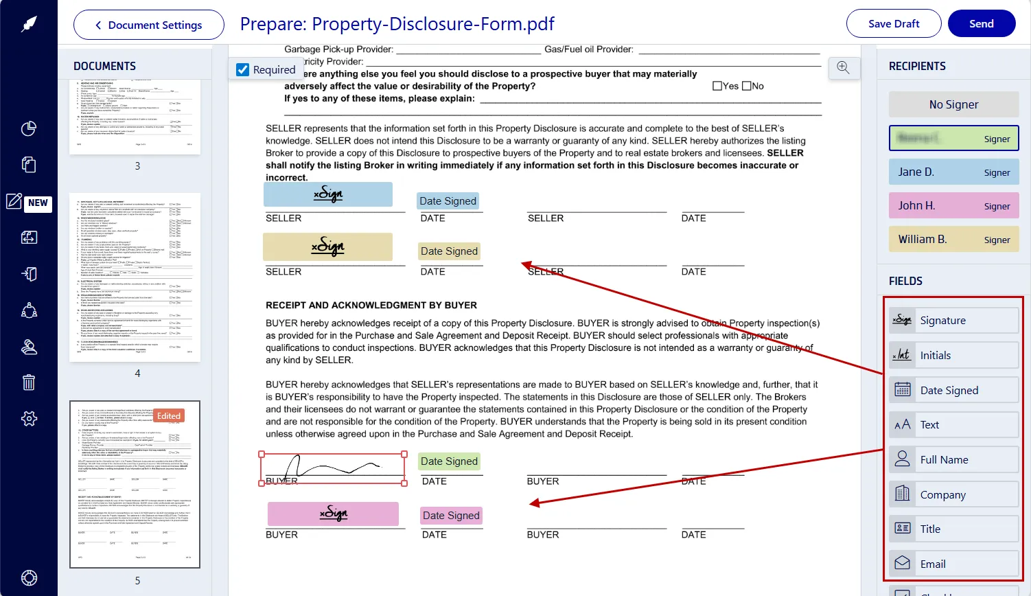 Inserting signature and form fields into a PDF using Xodo Sign