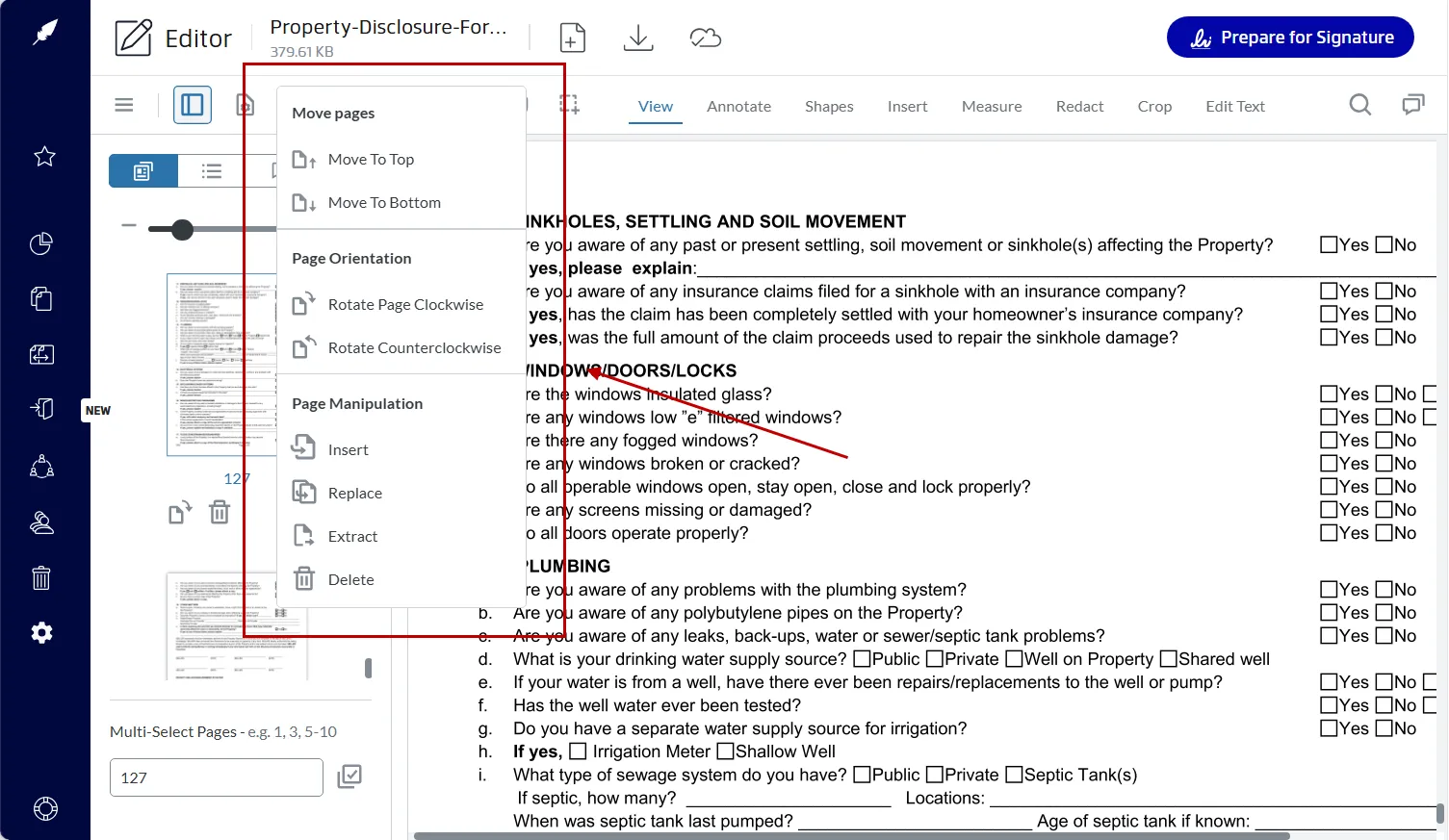Page editing options in Xodo Sign's PDF Editor