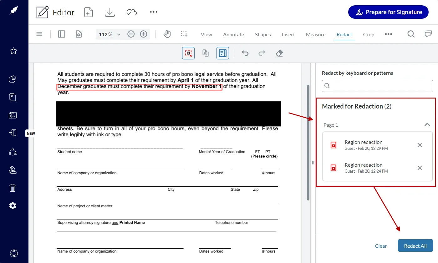Highlighting and marking sensitive data to permanently redact