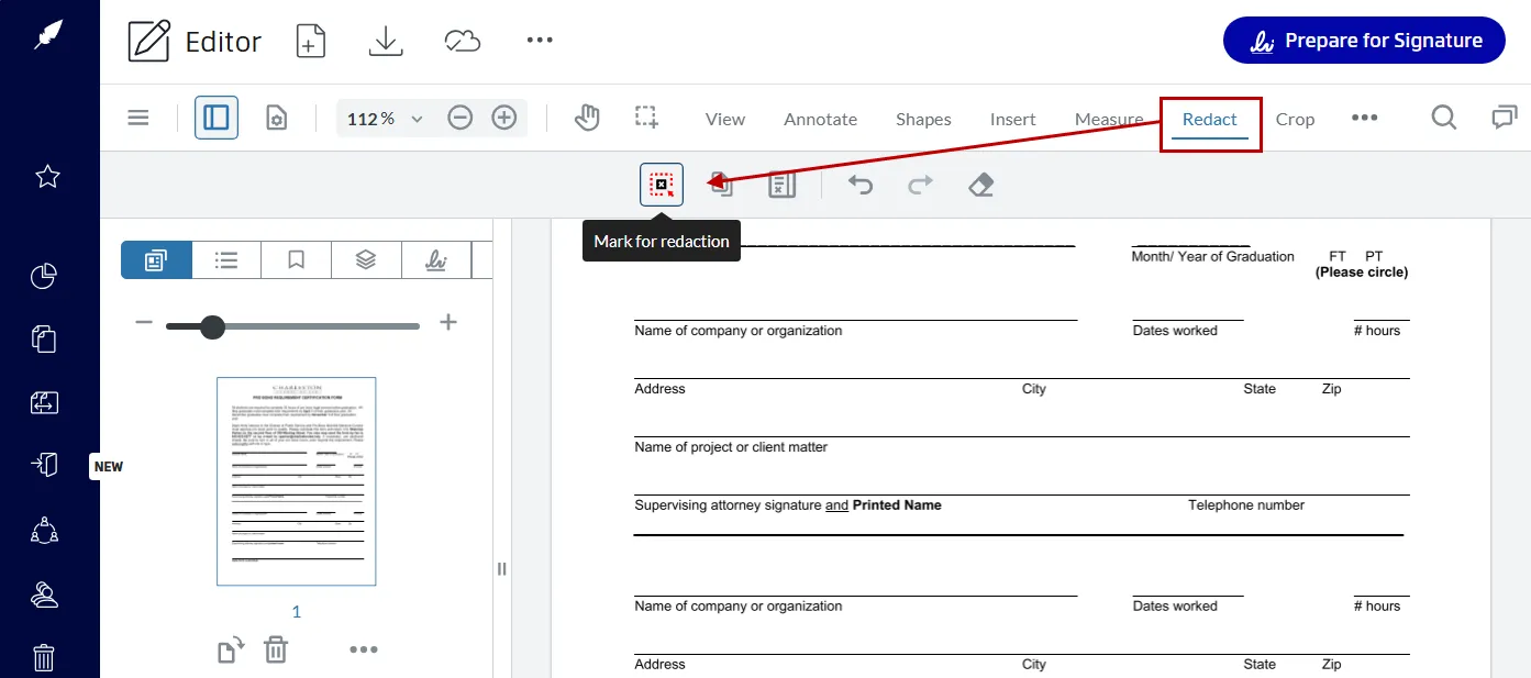 Redaction tools in Xodo Sign’s PDF Editor toolbar