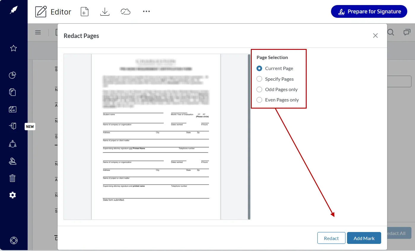 Selecting page redaction options shown in Xodo Sign