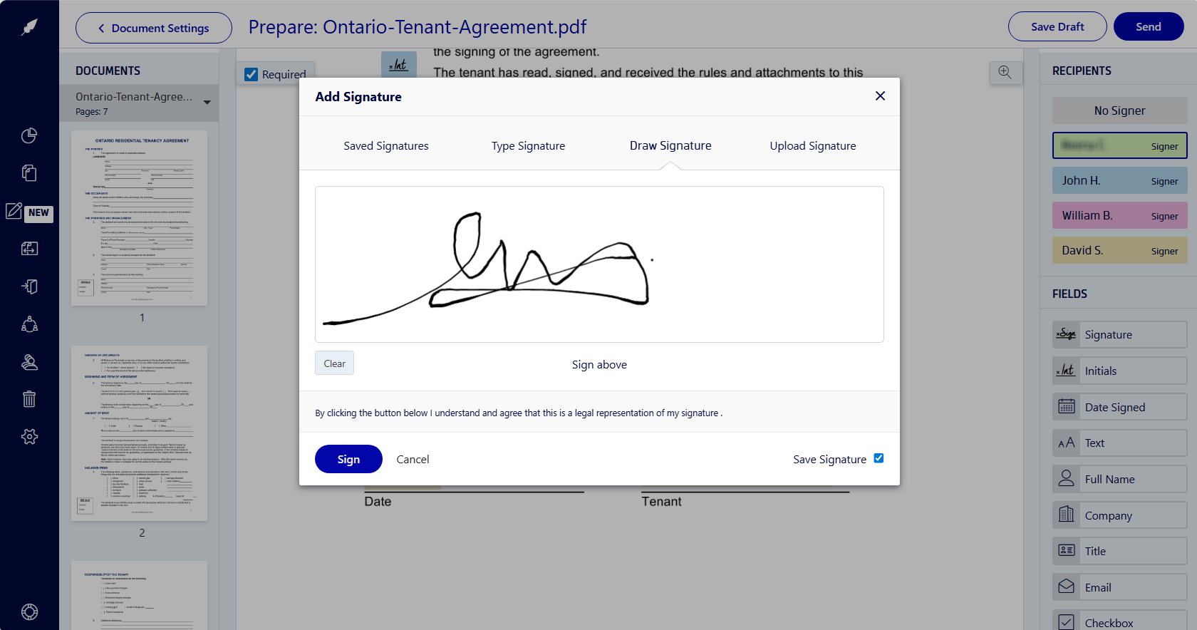 Signing a document in Xodo Sign
