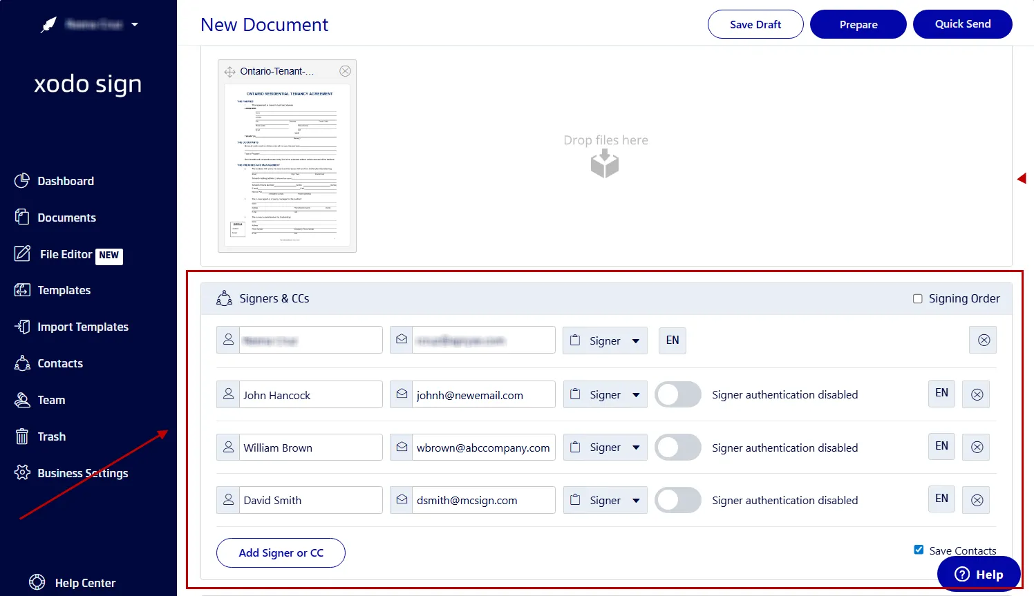 Adding signers to a document in Xodo Sign