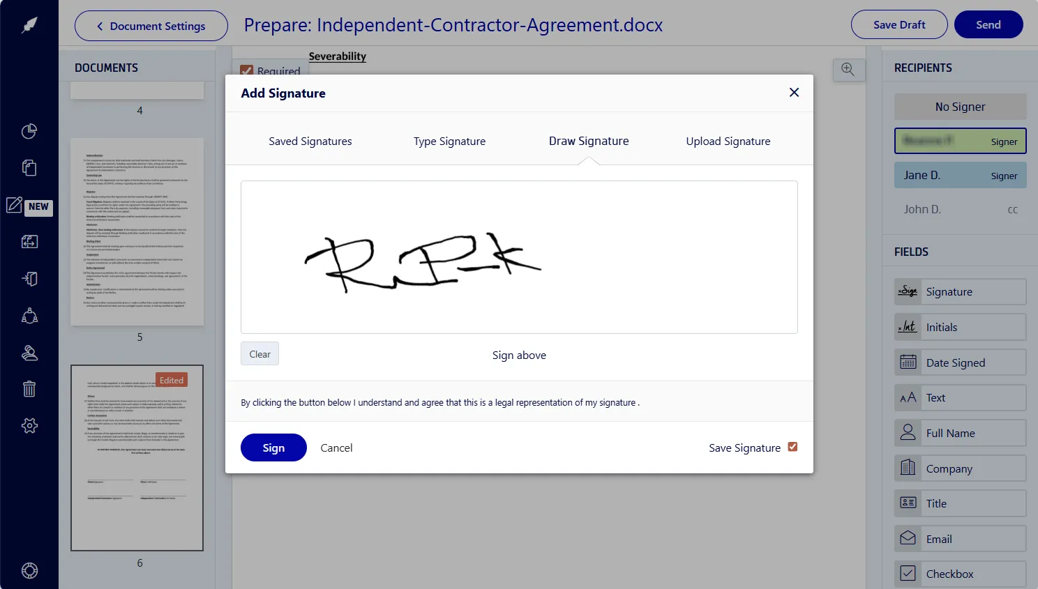 Signing a Word document in Xodo Sign with signature, text, and date fields placed on a page.