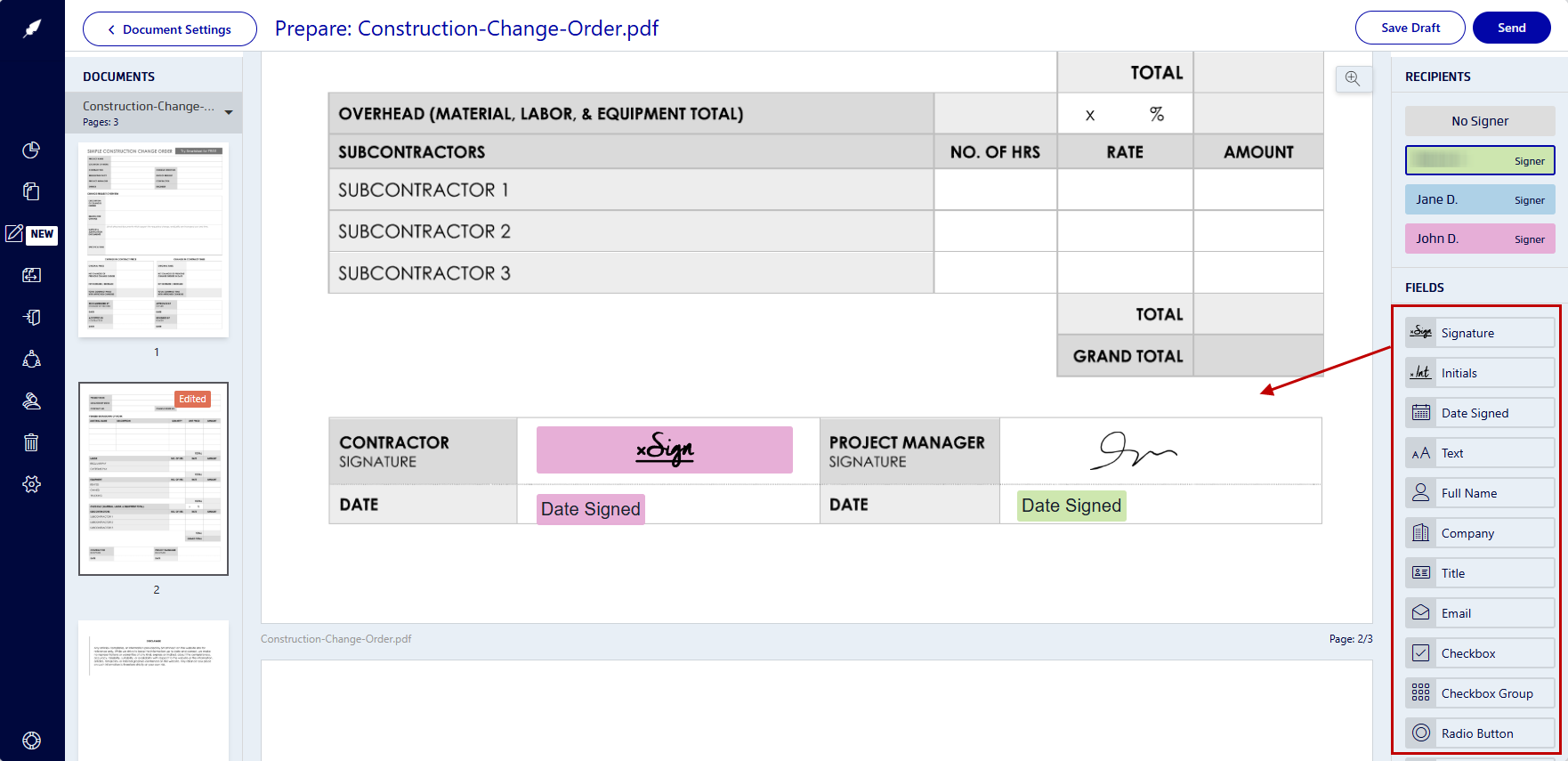 Steps to signing construction change orders in Xodo Sign
